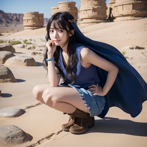 korean gir、blue eyes、long hair、The ends of the hair are wavy、hair is set、accessories on wrist、wears a cloak that covers head、wearing a tanktop as she wears short pants、In desert、smilewearing short boots、hand on stone pillar