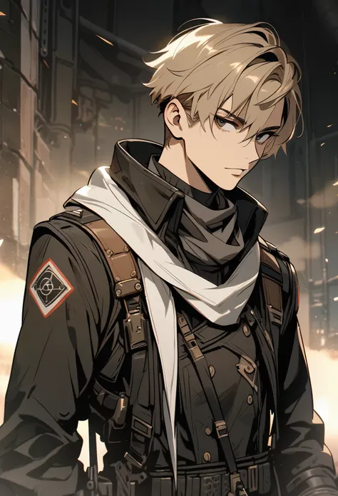 solo, handsome, 1 male, short hair, light brown hair, black eyes, black shirt, black coat, white scarf, dieselpunk