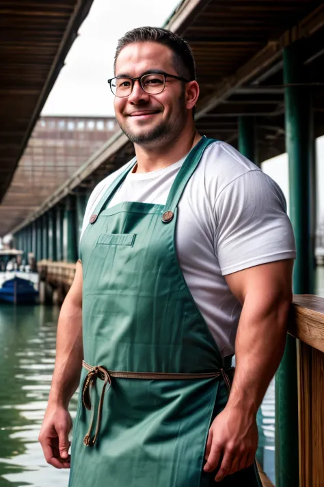 An award-winning original photo, A musclebear man, Japanese man, ((fisherman)), (30 years old daddy: 1.1), 1 man, Solo, white headband, (brown apron), green t shirt, broad shoulders, strong physique, bald, hairy arms, chubby and stout, stubbles (Detailed b...