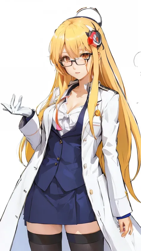 regina babylon from in another world whit my smartphone, isekai wa smartphone to tomo ni, anime girl with long blonde hair and white coat, with a lab coat, wearing lab coat and glasses, junko enoshima, marisa kirisame, wearing lab coat and a blouse, stern ...