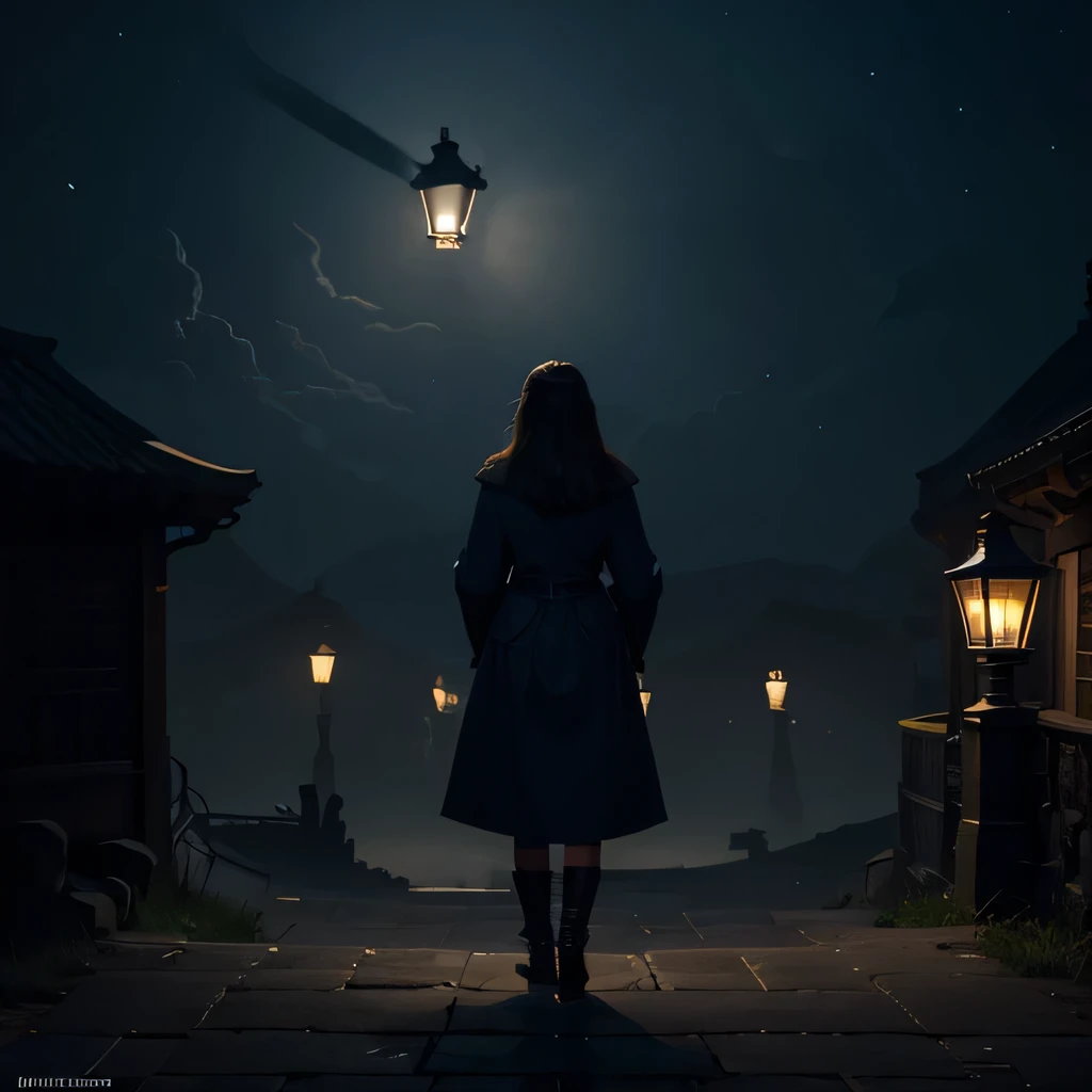 Back view of a woman in cloak standing on a back of giant dark blue bird flying in the lamppost in the dark, A girl standing on the back of a flying bird, flying  under ancient lantern, lantern illuminates the girl with warm light. The wind blows the girls...