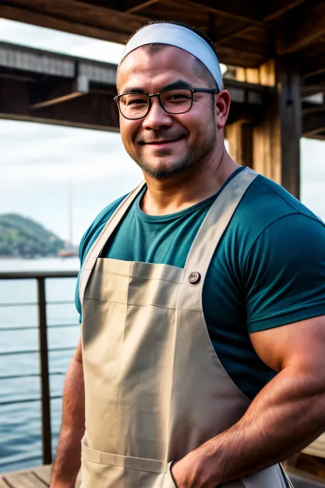 An award-winning original photo, A musclebear man, Japanese man, ((fisherman)), (30 years old daddy: 1.1), 1 man, Solo, white headband, (brown apron), green t shirt, broad shoulders, strong physique, bald, hairy arms, chubby and stout, stubbles (Detailed b...