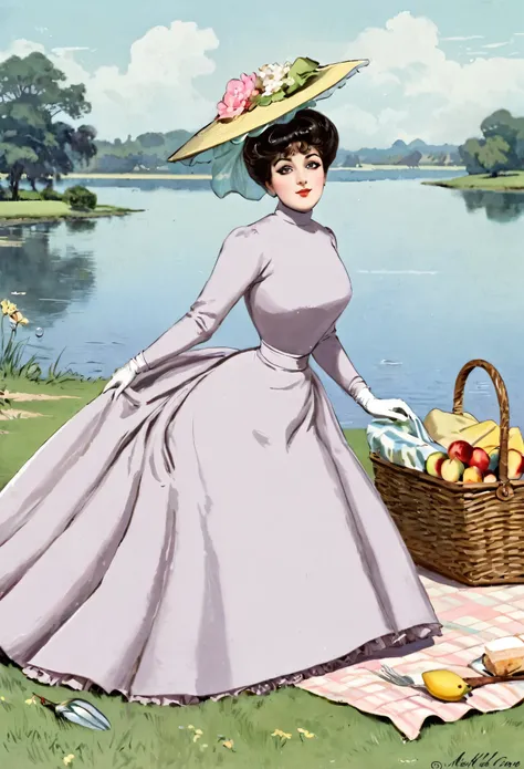 Illustration of Midge Klump as a 15yo coquette having a picnic by the lake, waiting on all fours. 1900_dr3ss. Year 1901. Lonely field backdrop. Brunette pompadour with split curls. Wearing high-neck gown with long sleeves, flower-brimmed hat, gloves, boots...