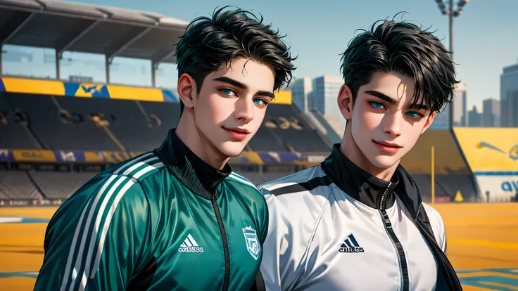 Ultra HD, high definition, Handsome young man, Grayish black hair, short hair, blue eyes, ombros largos, masterpiece, Absurd, Beautiful and detailed face, with dark green long sleeve adidas jacket, Sunny daytime environment, autumn, Football field, smiling...