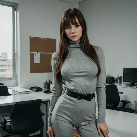 a beautiful young russian woman, office worker, bangs hairstyle, long hair, detailed beautiful eyes, looking at camera, sexy figure, full body, turtleneck bodysuit, short pants, suit, belt, office