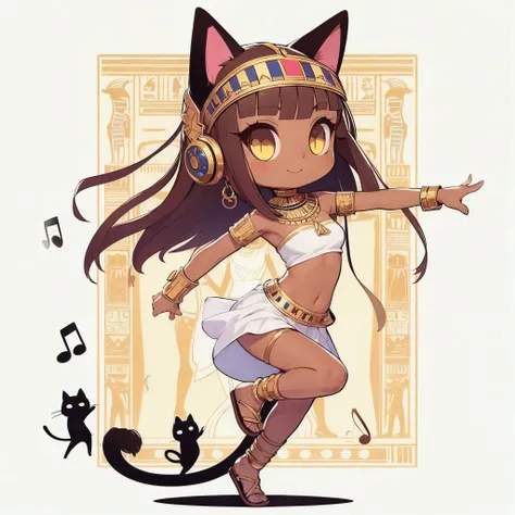 A masterpiece, high resolution, flat illustration, pop, transparent colors, detailed depiction, cute, humorous and fun atmosphere, humorous and fun atmosphere, one girl, full body, diagonal angle from above, Bastet girl dancing to dance music with earphone...