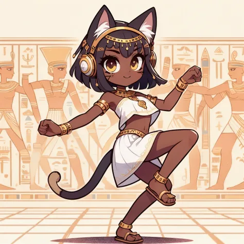 A masterpiece, high resolution, flat illustration, pop, transparent colors, detailed depiction, cute, humorous and fun atmosphere, humorous and fun atmosphere, one girl, full body, diagonal angle from above, Bastet girl dancing to dance music with earphone...