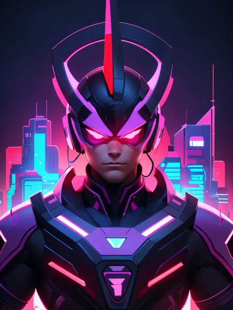 1 man, vectorized, Synthwave, purple blue red orange, bright neon cores on a dark background of a city