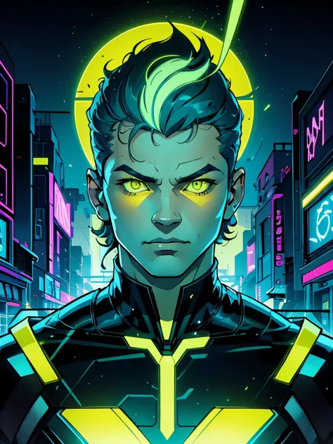 1 man, vectorized, Synthwave, yellow, green, blue, white, bright neon cores on a dark background of a city