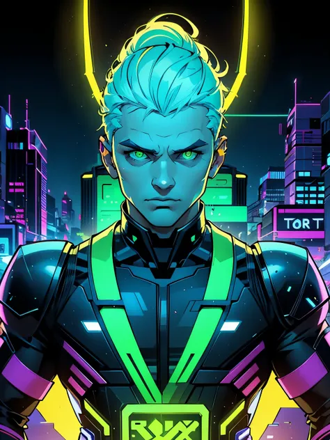 1 man, vectorized, Synthwave, yellow, green, blue, white, bright neon cores on a dark background of a city