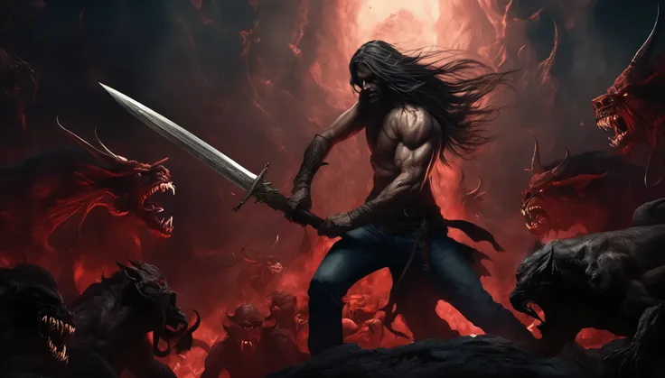 dark fantasy, man long hair, wearing jeans and tshirt, holding a sword, fighting againstred devils and demon from hell , intricate, epic, cinemascope, perfect anatomy