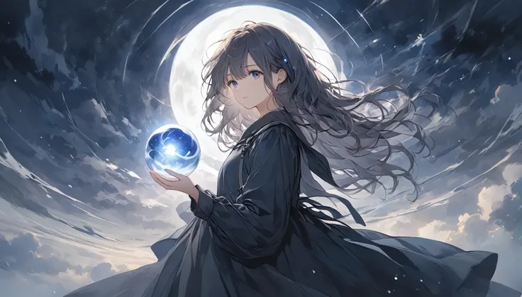 A girl stands under the night sky, faintly illuminated. Her hair is a dark purple or black tone, and sways slowly in the wind. The orb of light she holds glows weakly, and the light radiates and spreads with shadows. The background is covered with heavy bl...