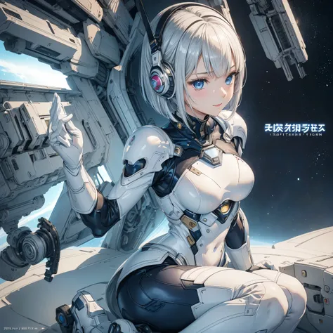 (masterpiece、Best Quality、Highest Resolution、Clear_image、Detailed details): (Whole body、A 20 year old girl、Japanese Faces、Small Face、Slender、Navy blue super short bob cut hair、(Hidden small breasts:1.3)、Sparkling blue eyes、Shiny pilot suit in white, blue a...