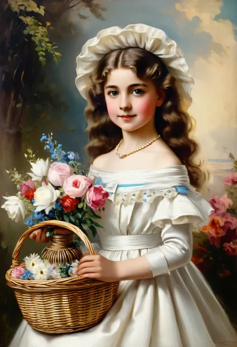 A painting of a young girl in a rich white Victorian dress holding a basket of flowers, portrait of a princess, ‘young Elizabeth 2’ by Philip Alexis de Laszlo, Margaret Brundage, young girl, portrait of a princess, Howard Chandler Christie, Albert Lynch, M...