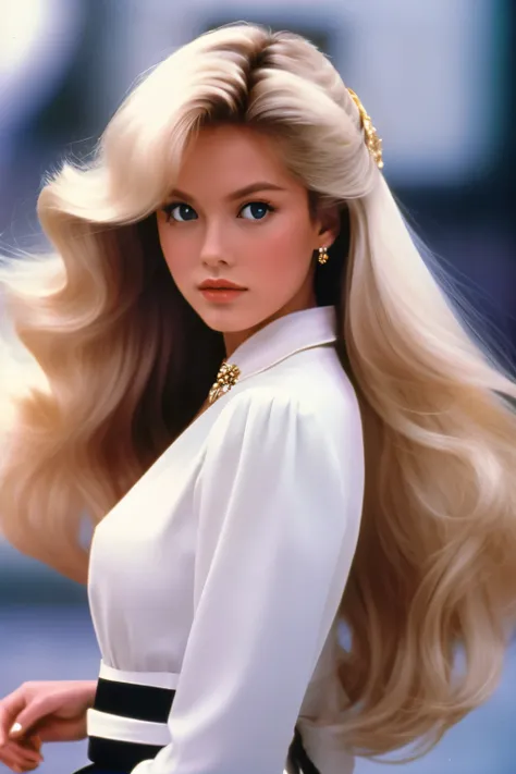 1989 film still movie, blonde long hair, elegant girl wearing chic style