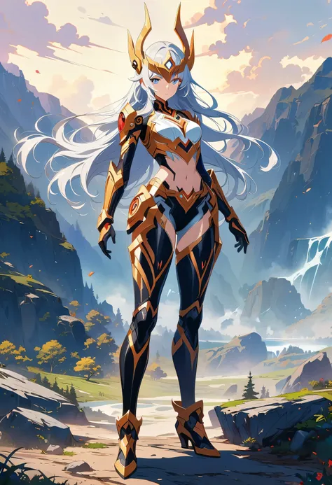 (masterpiece), (best quality), (ultra-detailed), ( 8K) , anime boy wear a Crop Top Armor with shiny black metallic leggings, Wildfire Area, Frost Aura Body, Archon Power, Silver Frost Hair, Light Gray Eye, Perfect Body, with mechanical body, very detailed,...