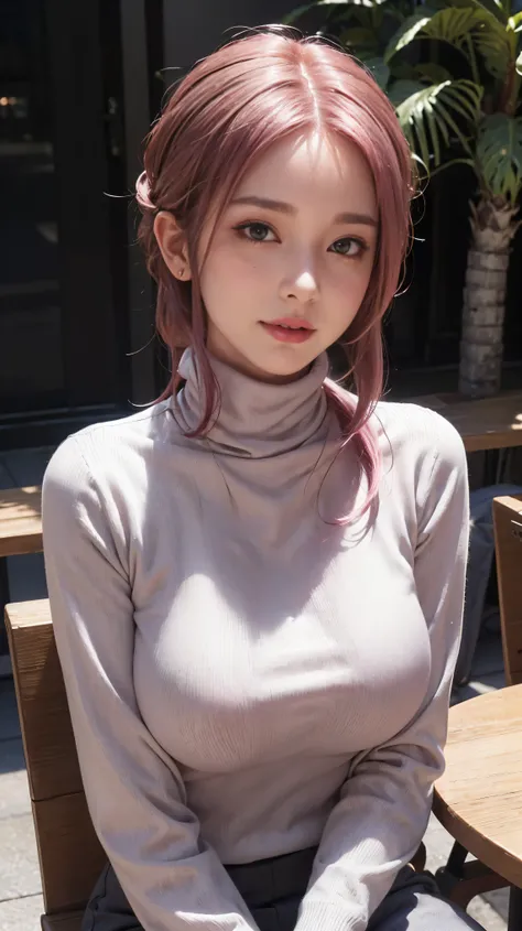 ((Mature woman sitting in front of café)),((turtleneck shirt:1.3)). 40k, Photography, masutepiece, Best Quality, dark grey background, ((Mature Women, waifu, mami, A MILF)), ((voluptuous breasts)), Perfect face, perfect , ((The chest is large)), ((One girl...