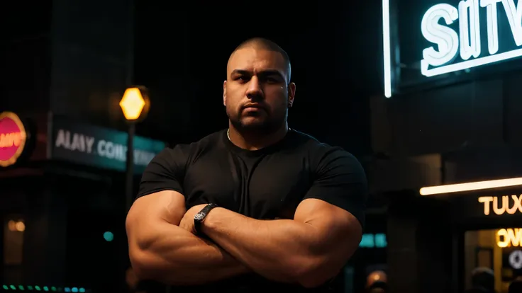 A muscular bouncer standing guard outside a bustling nightclub at night. The bouncer, with a strong, well-defined physique, crosses his arms in a confident stance, wearing a black t-shirt and dark jeans. Neon lights from the club’s entrance reflect off his...