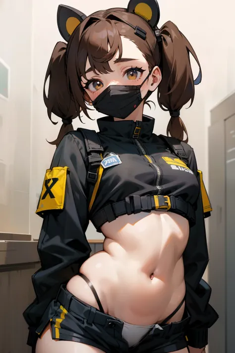 Puppy girl, brown hair, pigtails, Exposed belly, short pants, sexy body, Full headmask