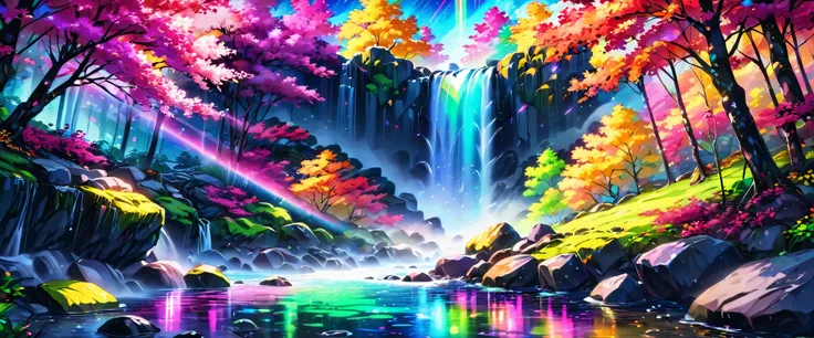 japanese waterfall garden, (Ethereal, fluorescent colors, neon lights), aurora_borealis, (masterpiece), best quality, highres, 4k, 8k, cinematic lighting, amazing quality, amazing shading, soft lighting, light particles floating, feerie aura, chromatic abe...