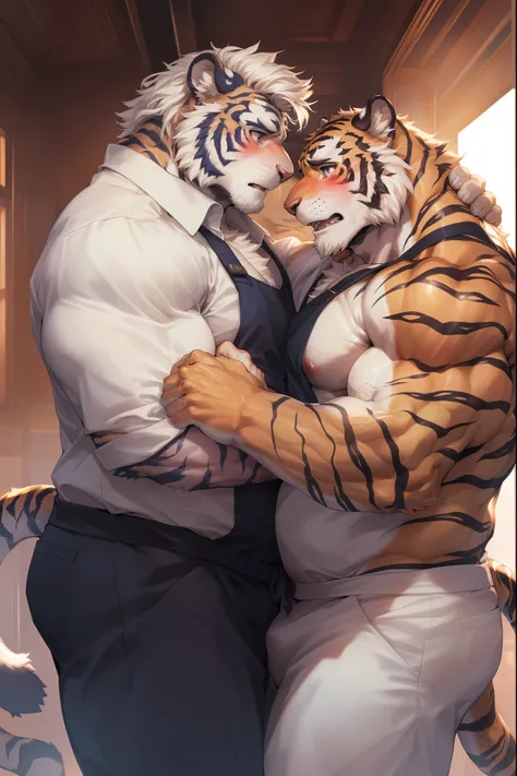 (By Empty Ghost, From thebigslick, By Dark Gem, Will chase), High-quality photos, Perfect anatomical structure, (duo:1.6), (Tiger print), bara tiger, tiger, 30 years old, large pectoral, wide pectoral, (massive pectoral muscles), strong physique, chubby, p...