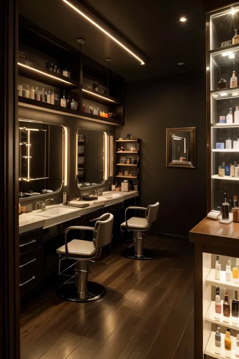 a well-lit barber shop with LED strips under the shelves and mirror, and a pendant centralizing the lighting on the chair 