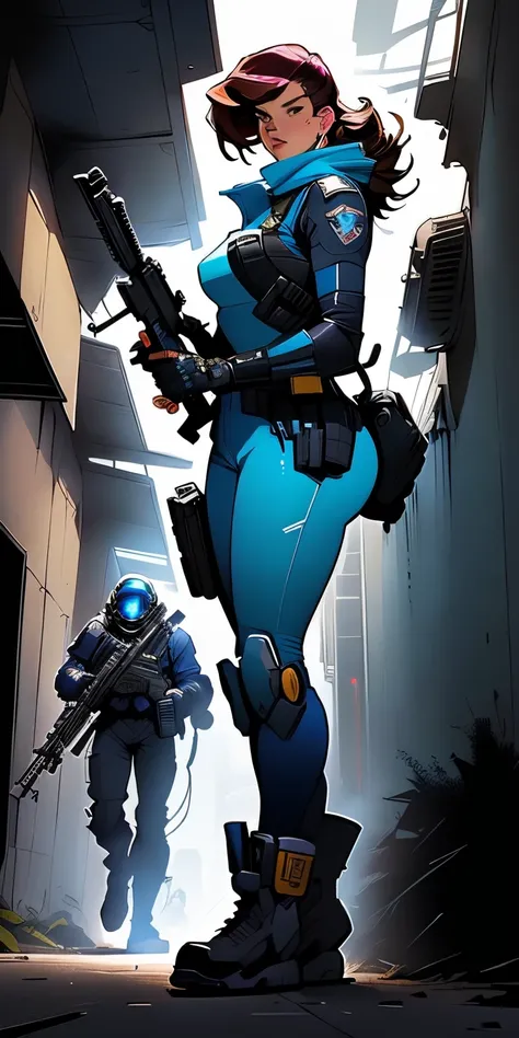 a cartoon picture of a man with a gun and a helmet, character art the contra, starfinder character, cel shaded, holding sci-fi rifle, cel shaded!!!, clean cel shaded, glamorous jill valentine, mechanized soldier girl, holding a blaster, female lead charact...