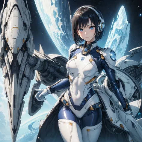 (masterpiece、Best Quality、Highest Resolution、Clear_image、Detailed details): (Whole body、A 20 year old girl、Japanese Faces、Small Face、Slender、Navy blue super short bob cut hair、(Hidden small breasts:1.3)、Sparkling blue eyes、Shiny pilot suit in white, blue a...