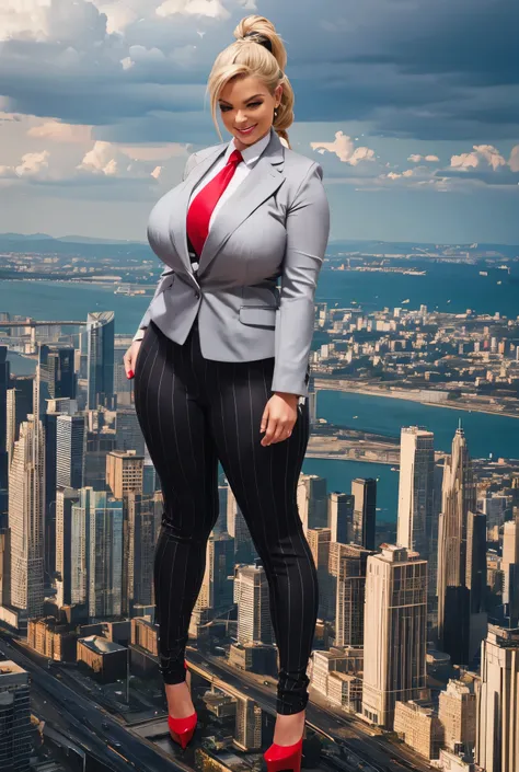 Giantess art, giga giantess in distance, a group of multiple women with beautiful curves, massive thighs, blonde hair in a fishtail braid, lipstick, wearing a perfect grey pinstriped trouser suit and blazer, crisp white shirt, and a large windsor knot, red...