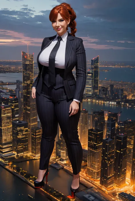 Giantess art, giga giantess in distance, a group of multiple women with beautiful curves, massive thighs, bright ginger hair in a fishtail braid, lipstick, wearing a perfect grey pinstriped trouser and blazer suit, crisp white shirt, and a large purple tie...