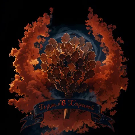 Oak steam broom surrounded by a wreath of steam, below heraldic satin red ribbon with the motto "Goryachev steams!", simple dark blue background. Ultrarealistic