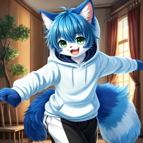 ((best quality)), ((masterpiece)), (detailed), 1boy, domestic cat, fluffy, black stripes, blue and white fur color, blue and white fur, full body,  white hoodie, black pants, dancing, happy, house background, green eyes, blue hair, fluffy, very fluffy fur,...