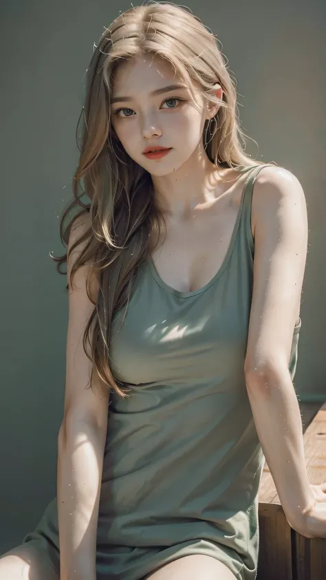 Girl wearing, luxury green coat, shoulder length hair, wavy hair, glowing skin, star in eye, red lips, grey  background, cute poses , upper body, light blonde hair, wearing sexy green  tank top inside, big breast , sitting , cute poses, seductivE, , Hot ta...