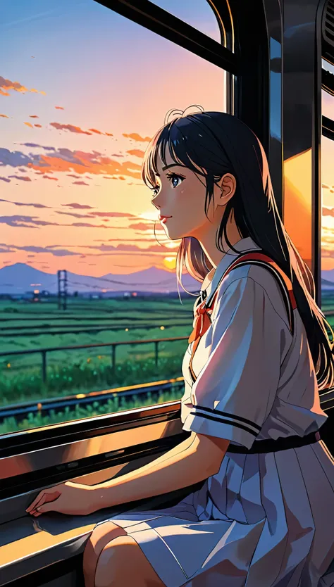 anime girl sitting on a train looking out the window, Beautiful Anime Portrait, Lofi Portrait at a window, Beautiful anime girl, Lofi Portrait, lofi girl, anime girl portrait, artwork in guweiz style, high quality portrait, with sunset, attractive anime gi...