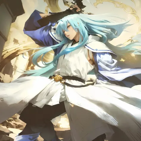 Anime style image of a boy with blue hair and a white robe., Rimuru Tempest&#39;s profile picture, Rimuru Tempest, Albedo from the anime Overlord, Maya Ali as Wind Mage, Goddess of anime, I was the point, cirno touhou, reincarnated as a slime, ethereal ani...