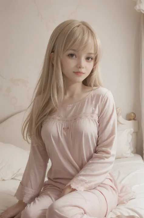 photo of mariya with long blonde hair, bang, sexy, (petite:1.4), wearing (Ruby pajamas:1.3), sitting on bed in a cute girly bedroom adorned with pastel hues and playful decor. The walls are painted in soft pinks or lavender, with a delicate floral or heart...