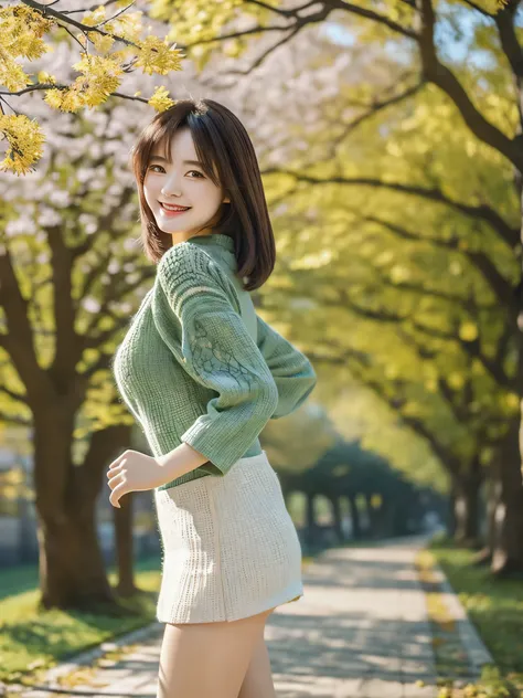 Best Quality　masterpiece　detailed　A very beautiful woman walks along the ginkgo tree line with a smile wearing a knitted miniskirt　Stylish　Photo style　Beauty　Fantasy　Fantasy