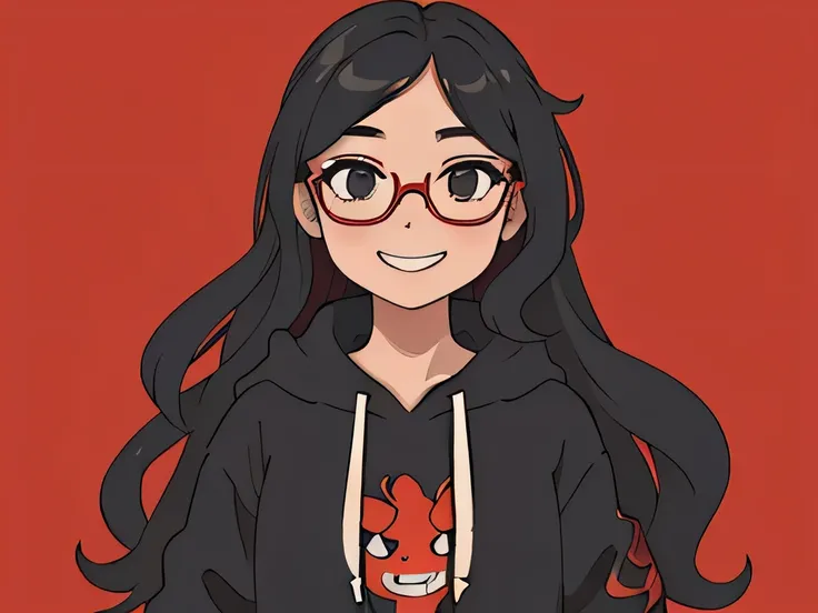 illustration, portrait of a girl having long wavy hairs, wearing spectacles, standing ,smiling, posing for a picture, wearing a hoodie, devilish grin, red bacground
