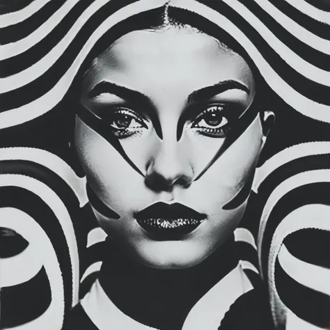 op art fashion, black and white, optical illusion, contoured curves、model with stripes across her face