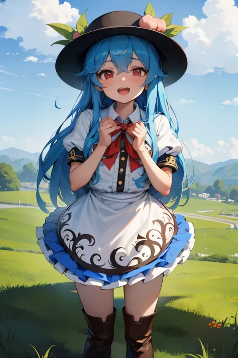 masterpiece, best quality, ultra detailed, ((Hinanawi Tenshi)), long hair, straight hair, beautiful hair, blue hair, young, kawaii, 1girl, slim, red eyes, long brown leather boots, peach on hat, short sleeve, sky blue skirt, light smile, open mouth, press ...