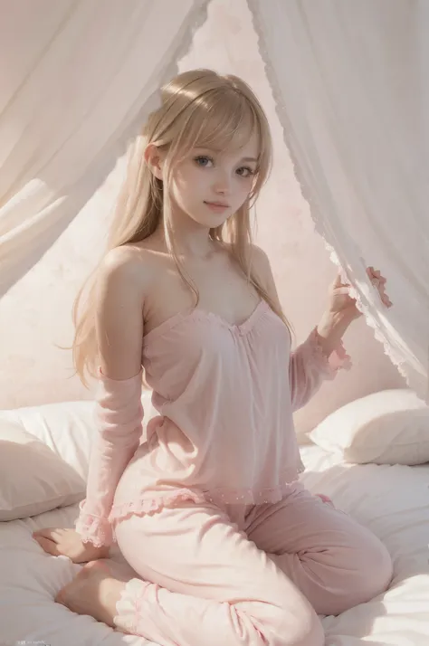 photo of mariya with long blonde hair, bang, nsfw, (petite:1.4), wearing (pink pajamas:1.3), (mastrubating:1.4),  on bed in a cu...