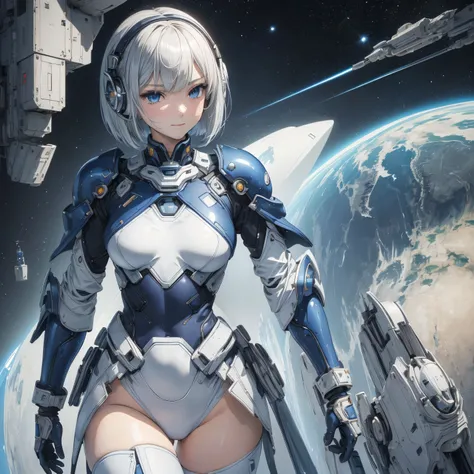 (masterpiece、Best Quality、Highest Resolution、Clear_image、Detailed details): (Whole body、A 20 year old girl、Japanese Faces、Small Face、Slender、Navy blue super short bob cut hair、(Hidden small breasts:1.3)、Sparkling blue eyes、Shiny pilot suit in white, blue a...