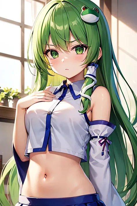 super fine illustration, vibrant colors, masterpiece, sharp focus, best quality, depth of field, cinematic lighting, ultra detailed, blush, navel, shrine maiden, kochiya sanae, looking down, very long hair, green hair, green eyes, hair tubes, frog hair orn...