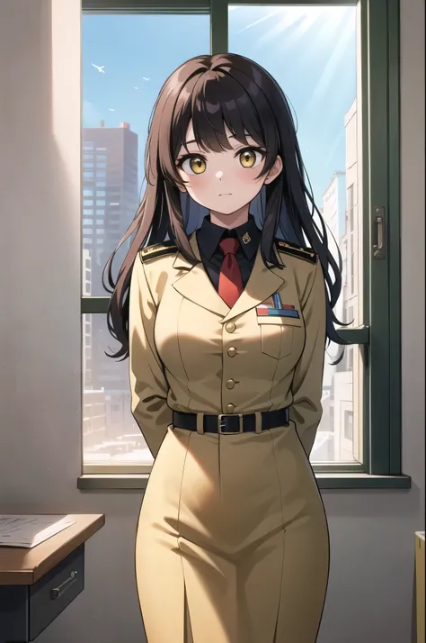 (Highest quality, masterpiece, High resolution), woman, general, medium breasts, wearing a grey uniform, wearing a grey military barett, lapel pin of a totalitarian country, red tie, yellow eyes, detailed eyes, brown long hair, bangs, hands behind back, bl...