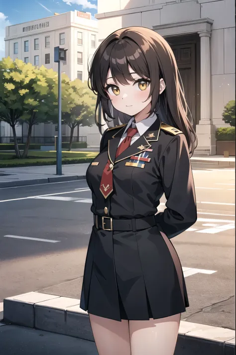 (Highest quality, masterpiece, High resolution), woman, general, medium breasts, wearing a grey uniform, wearing a grey military barett, ((lapel pin of a totalitarian country)), red tie, yellow eyes, detailed eyes, brown long hair, bangs, hands behind back...