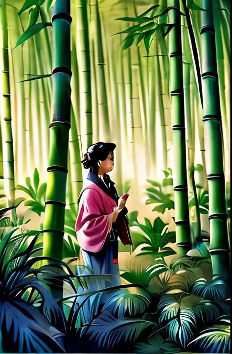 by Wu Guanzhong, ink and wash, girl in a bamboo forest, (by Zootopia:0.6), (best quality, perfect masterpiece, Representative work, official art, Professional, high details, Ultra intricate detailed:1.3)