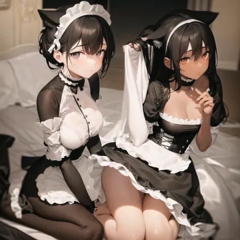 anime,chocolate dark-skinned female,cat ears wearing a maid outfit, Eye color is amber ,Background inside the mansion,The composition is stylish. A close-up, low-angle view of a young maid kneeling on the floor, looking directly into the camera with a soft...