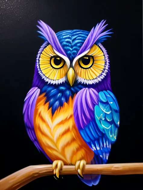 a painting of a colorful owl on a black background,, breathtaking rendering, within a radiant connection, inspired by Kinuko Y. Craft,, magical elements, kitten icon, wow, is beautiful, casting a multi colorful spell, bright flash, flash  