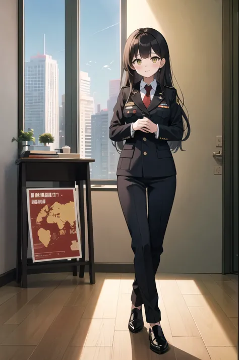 (Highest quality, masterpiece, High resolution), woman, general, medium breasts, wearing a black uniform, wearing a black military barett, ((lapel pin of a totalitarian country)), red tie, yellow eyes, detailed eyes, brown long hair, bangs, hands behind ba...