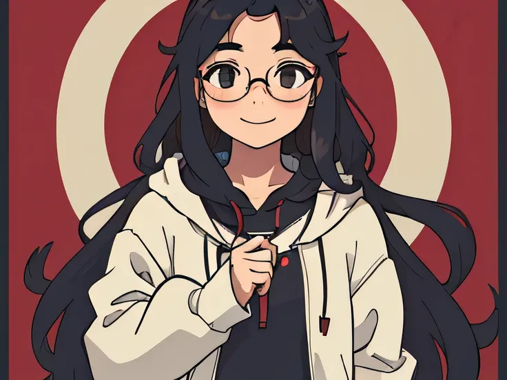 illustration, portrait of a girl having long wavy hairs, wearing spectacles, standing ,smiling, posing for a picture, wearing a hoodie murder theme, kill theme
